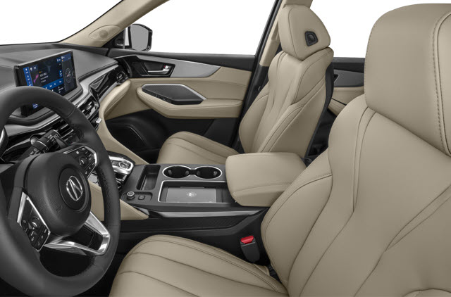 A luxury 2026 Acura MDX interior with beige leather seats, a touchscreen display, and a central console.